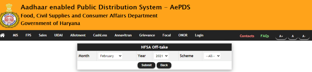 Haryana Ration Card List NFSA Off-Take