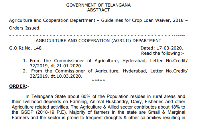 Crop Loan Waiver Scheme G.O Rt No. 148