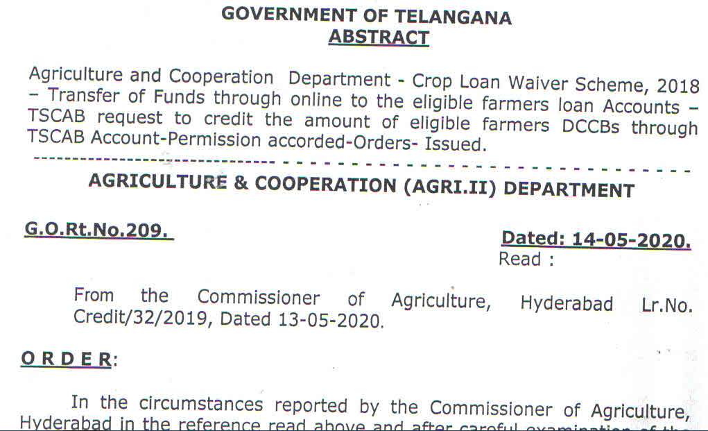 Crop Loan Waiver Scheme G.O Rt No. 209