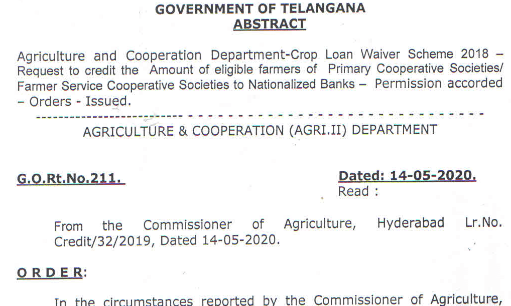 Crop Loan Waiver Scheme G.O. Rt No. 211