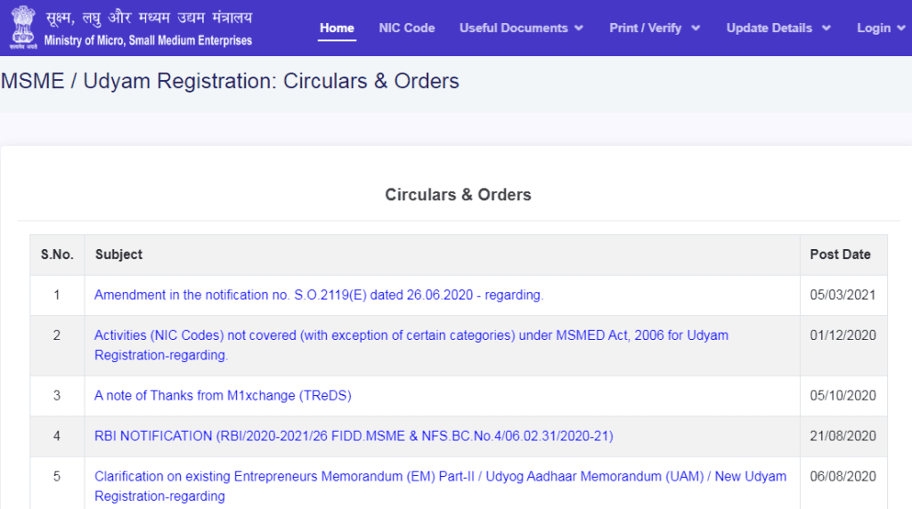 Udyog Aadhaar MSME  Circulars & Oders