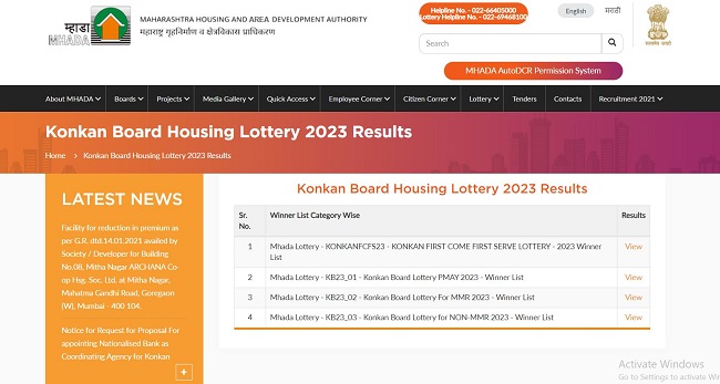 Mhada Konkan Board Lottery Results