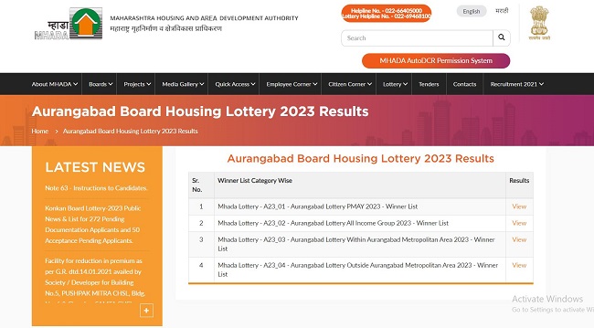 Mhada Aurangabad Board Lottery Results